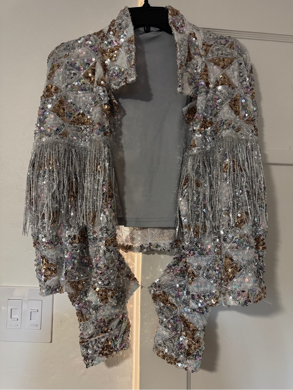 Miss Me Silver Sequin Fringe Open-Front Sweater Jacket